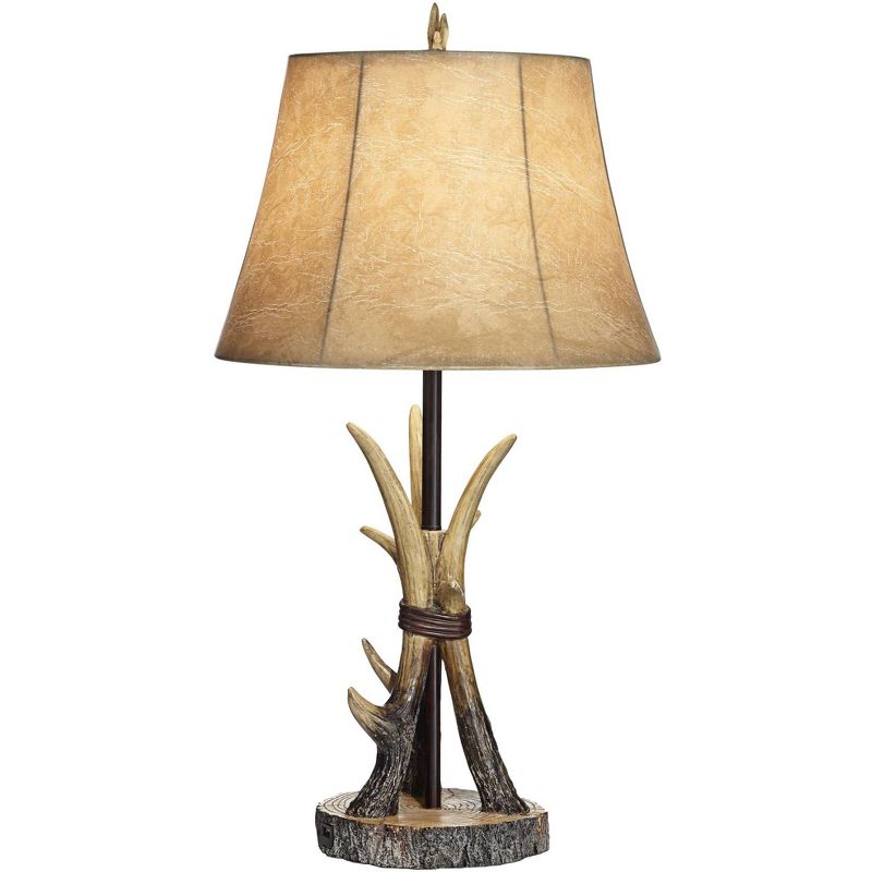 John Timberland Rustic Western Table Lamps Set of 2 with USB Charging Port Natural Antler Bell Shade Living Room Bedroom Bedside