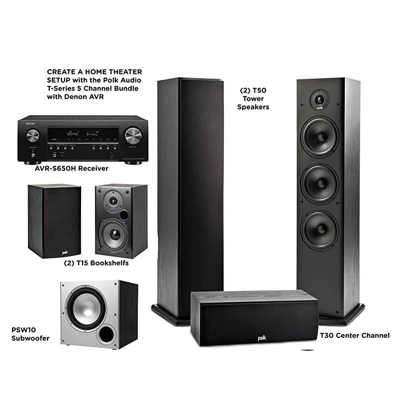 5.1 Channel Home Theater System with Powered Subwoofer |Two (2) T15 Bookshelf, One (1) T30 Center Channel, Two (2) T50 Tower Speakers, PSW10 Sub | Alexa + HEOS