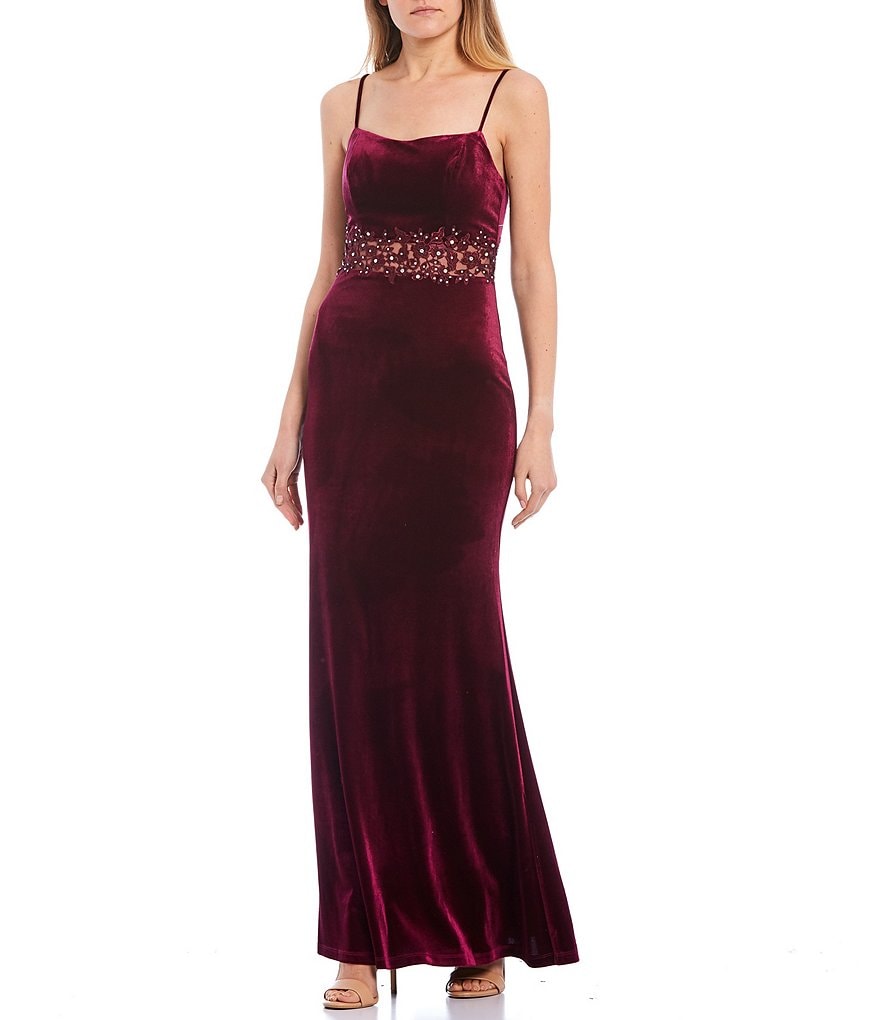 City Vibe Spaghetti Strap Floral Embroidered Waist Velvet Sheath Long Dress