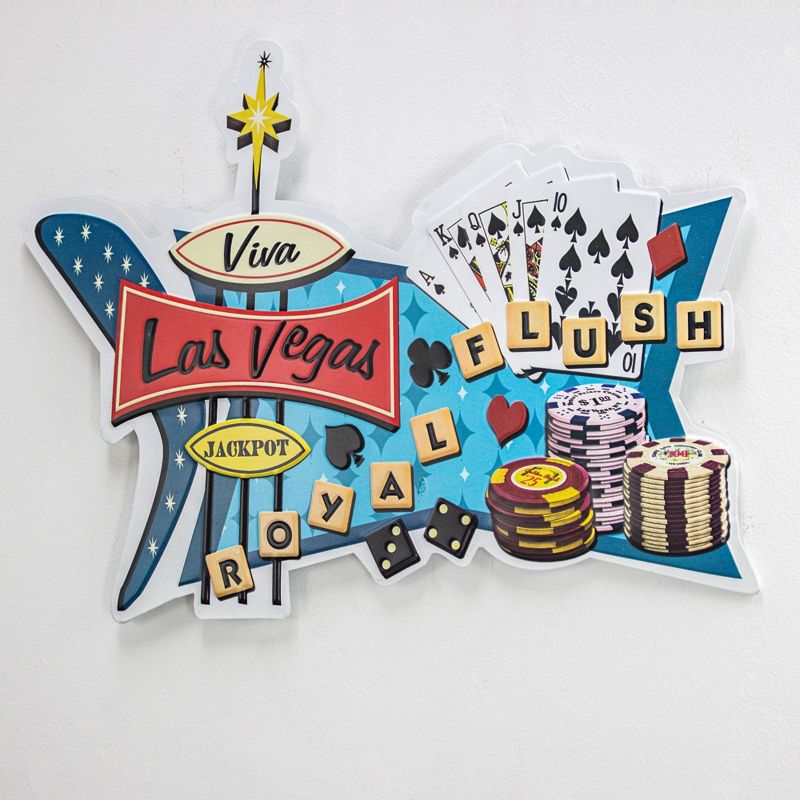 Viva Las Vegas Royal Flush Embossed Metal Sign Sky Blue/Red/Yellow - Crystal Art Gallery