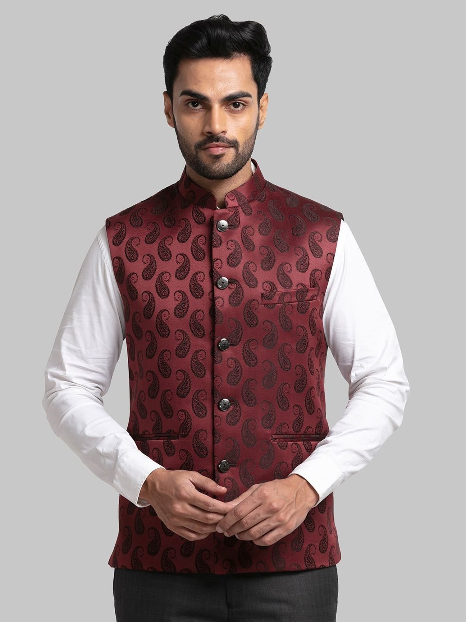 Raymond Maroon Regular Fit Printed Nehru Jacket