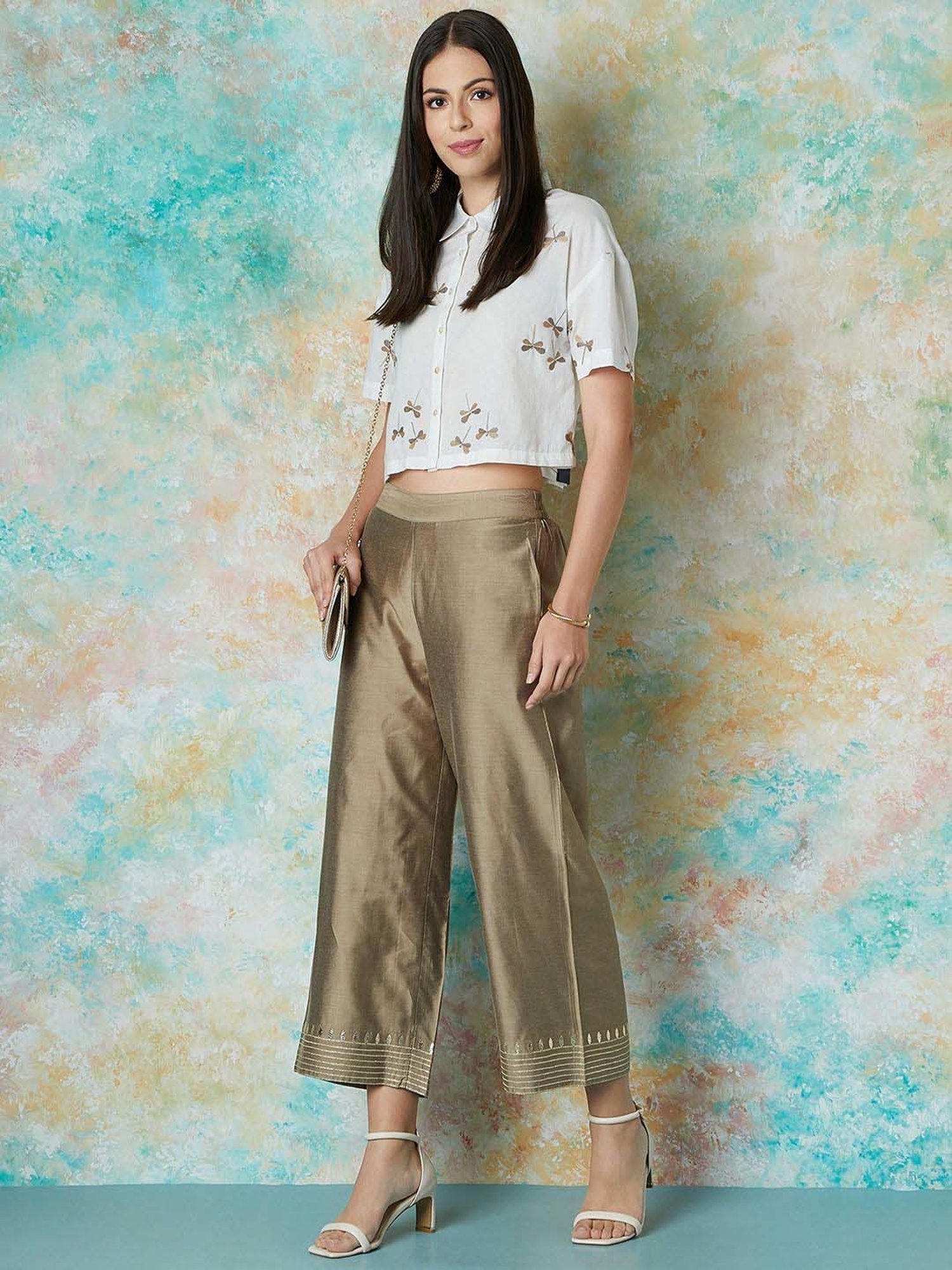 Melange by Lifestyle Beige Embroidered Palazzos