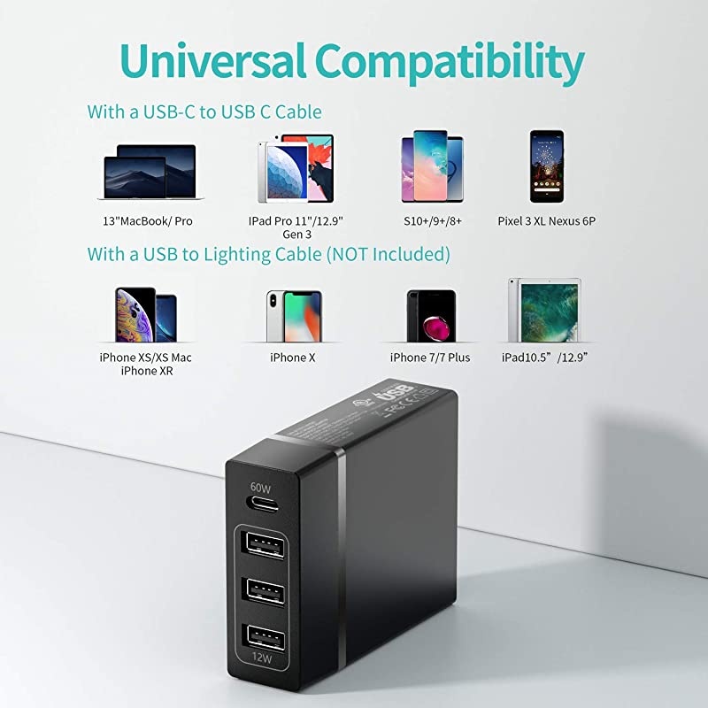 USB C Charger  4Port 72W USB Wall Charger with TypeC 60W Power Delivery PD Charger Station Compatible with iPhone 11 Pro Max 2017 MacBook Pro Pixel XL Galaxy S9 Plus iPad Pro 2018 Black