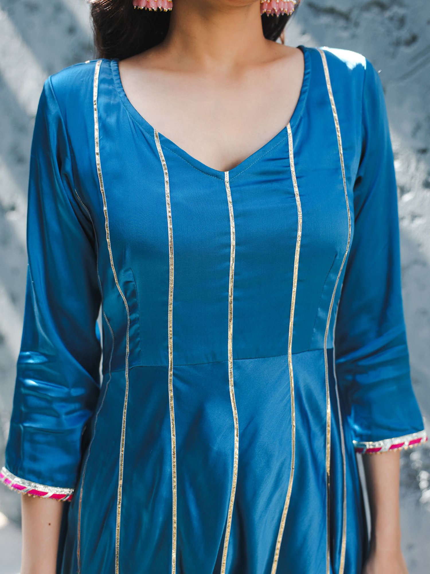 Thread and Button Satin Nora Blue Gota Worked Suit Set