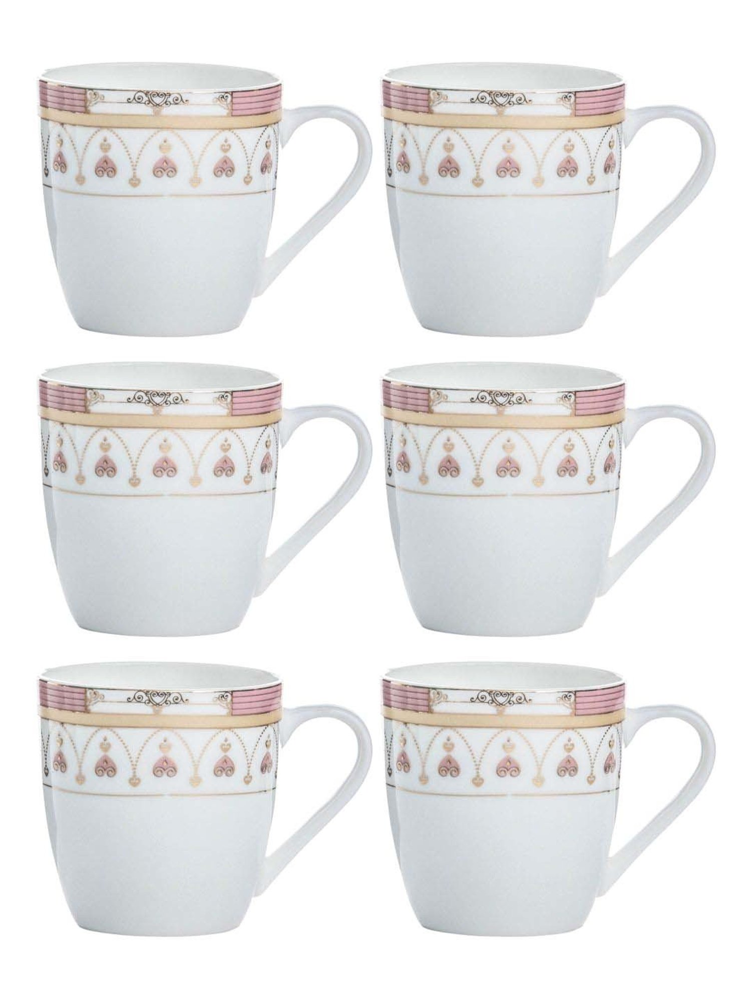 SONAKI White & Pink Bone China Coffee Mug (0.17 L) - Set of 6