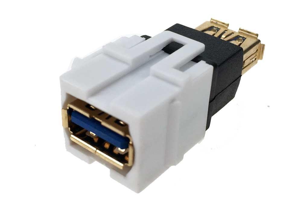 SF Cable. USB 3.0 Keystone Jack - Type A Female to A Female Coupler Adapter Flush Type. White Color