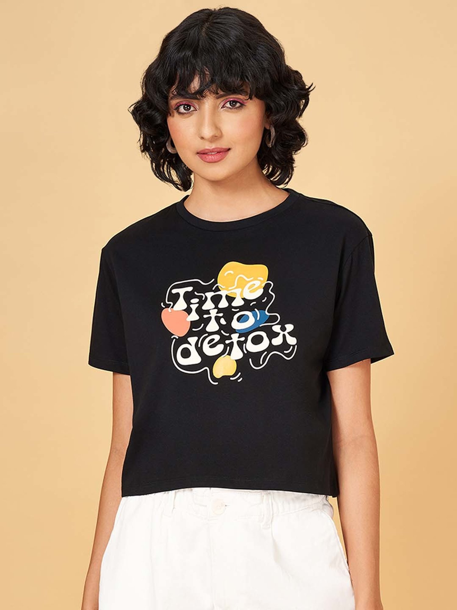 People by Pantaloons Black Cotton Printed T-Shirt