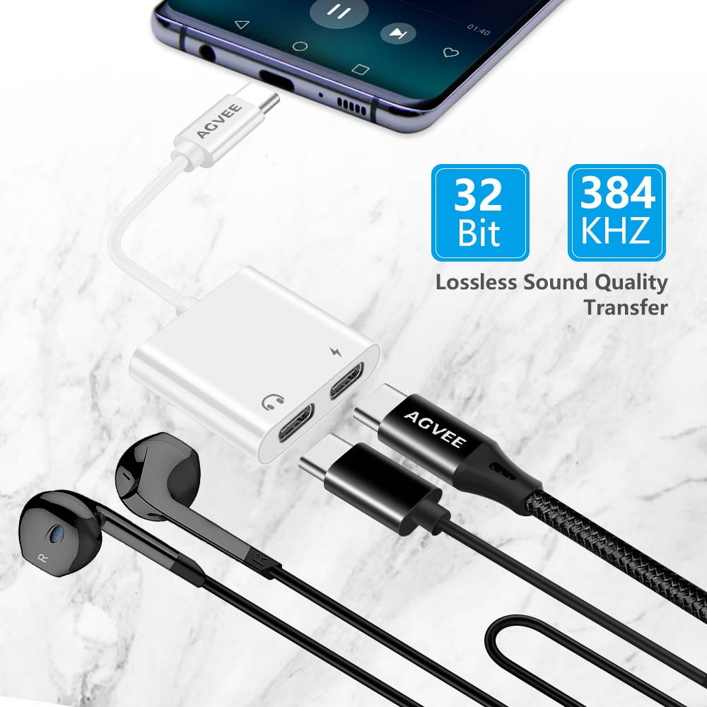 AGVEE Dual USB-C Headphone & Charging Adapter, Type-C Earbud Splitter, Duo USBC Audio & Charger Jack Earphone Dongle for Samsung S21 S20 FE 5G Ultra, Note 20 10, iPad Pro, Pixel 2 3 4 5 XL, Gray