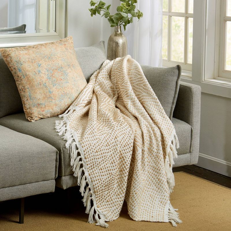 50"x60" Solid Throw Blanket with Fringe Natural/Ochre - Patina Vie