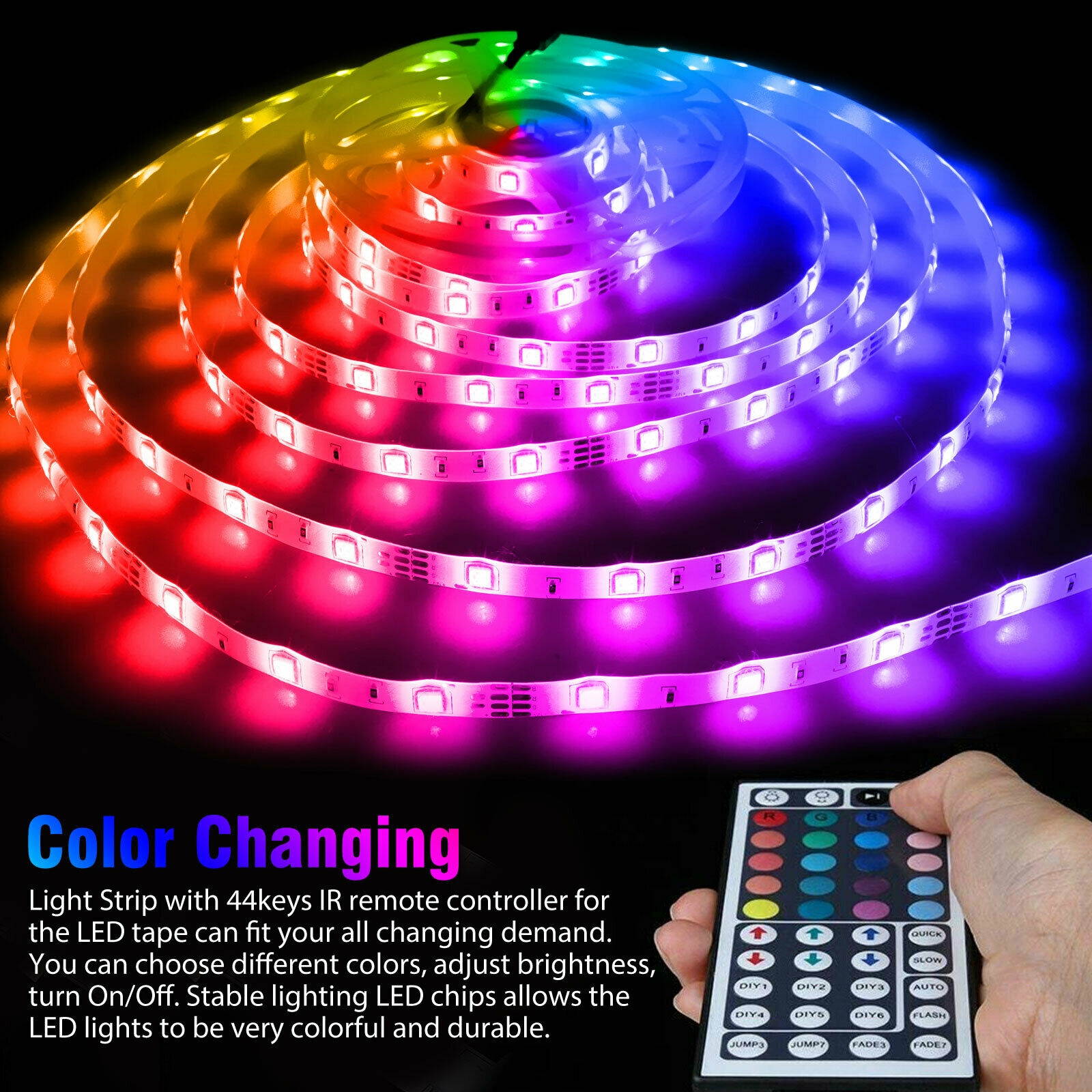 49.2ft/15M RGB Flexible 3528 SMD 900 LED Strip Light 44Key Remote 12V Power Kit