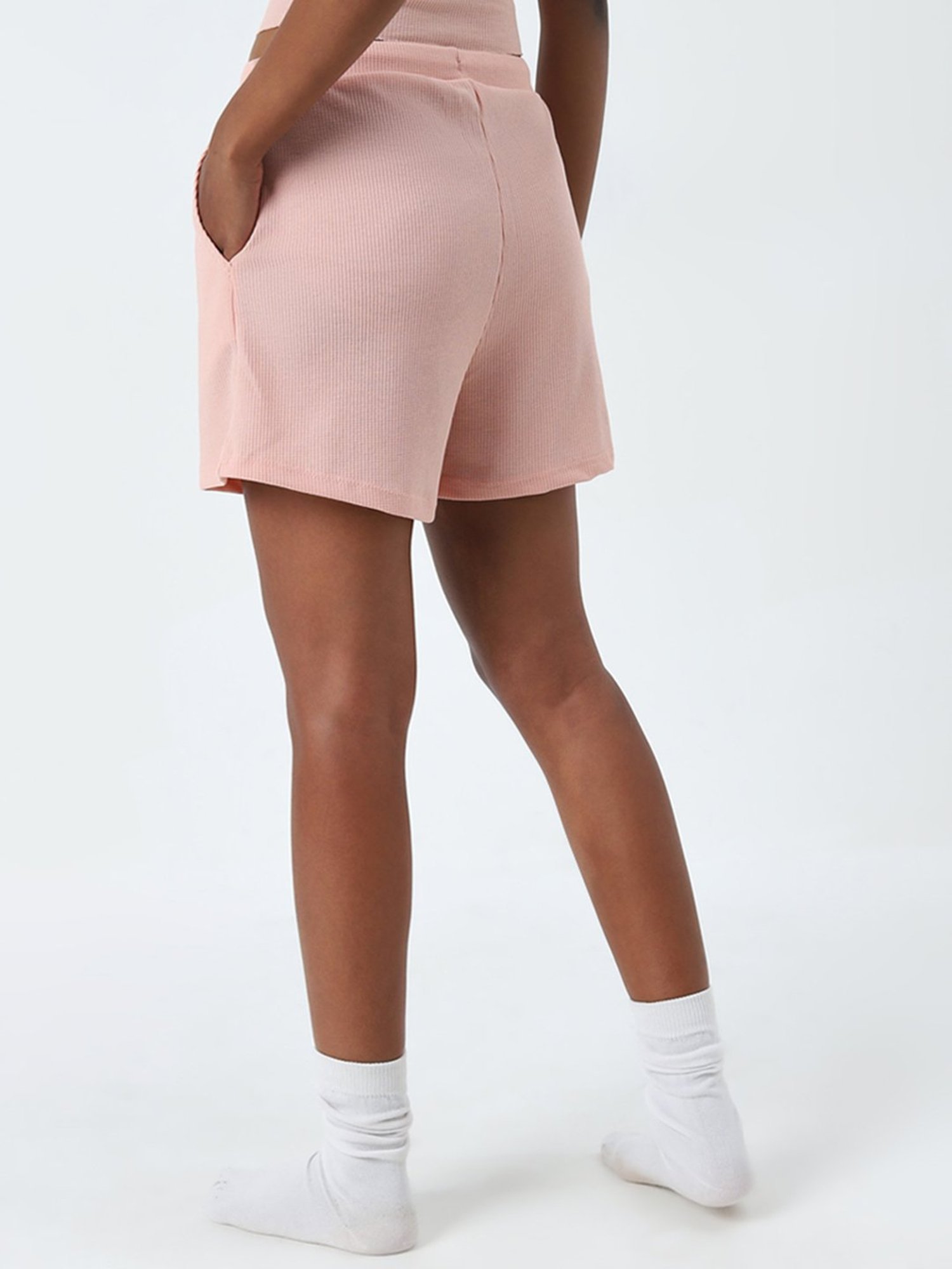 Superstar by Westside Peach Waffle Textured High-Rise Shorts