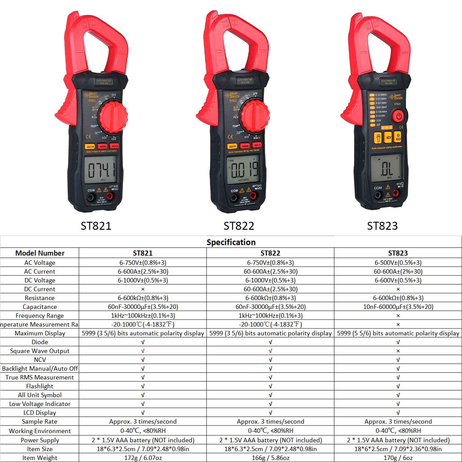 SMART SENSOR Digital Clamp Meter High Precision Automatic Range Multimeter AC Clamp Ammeter Clamp Gauge ST823
