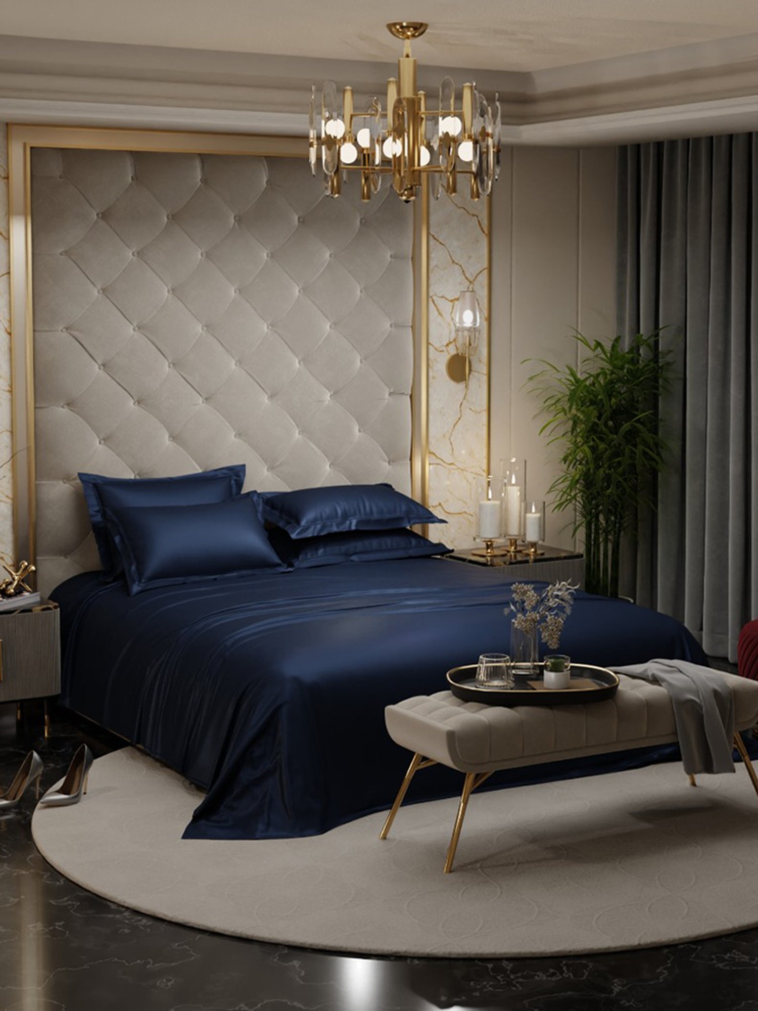 Stoa Paris Date Night Collection 300 TC Navy Sateen Super King Bed Sheet with 4 Pillow Covers