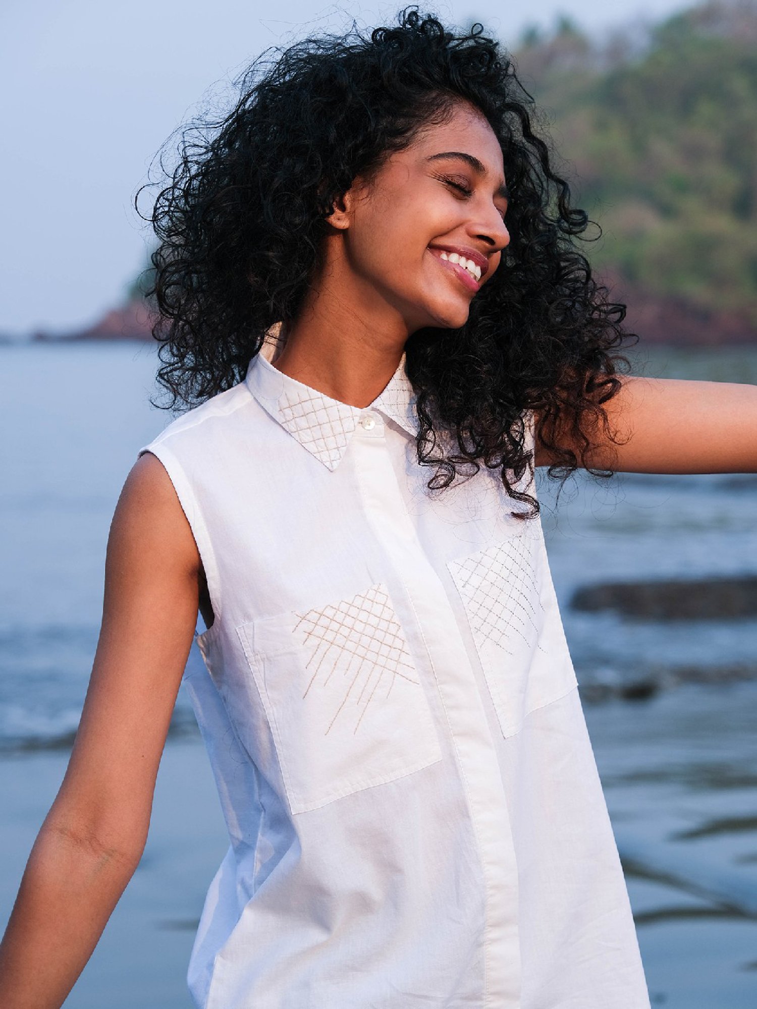 Okhai Morning Snow White Pure Cotton Hand Embroidered Shirt