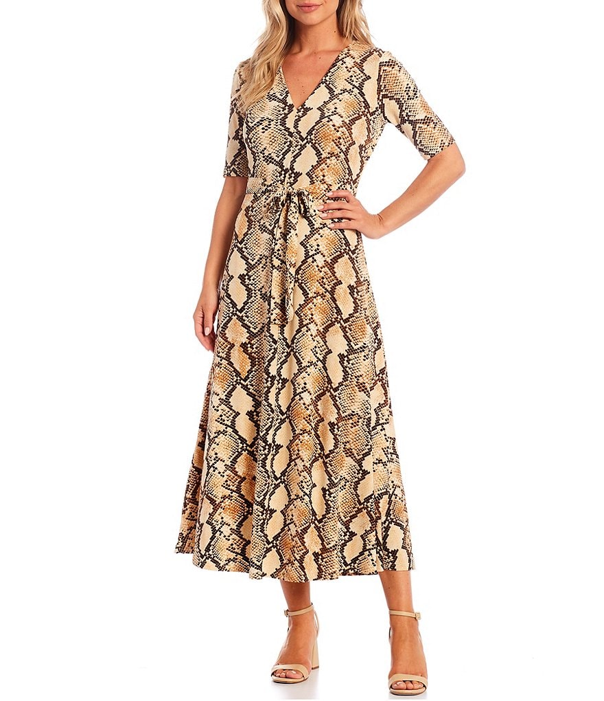 Preston & York Sydney Snake Print Knit V-Neck Short Sleeve Midi Dress