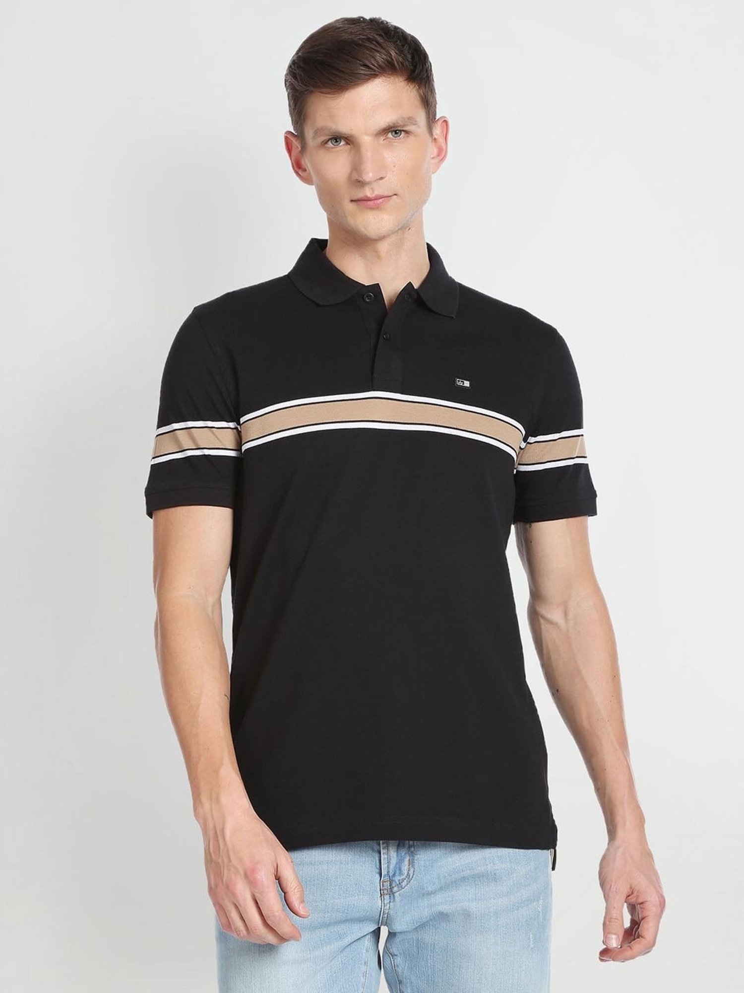 Arrow Sport Black Cotton Regular Fit Striped Polo T-Shirt