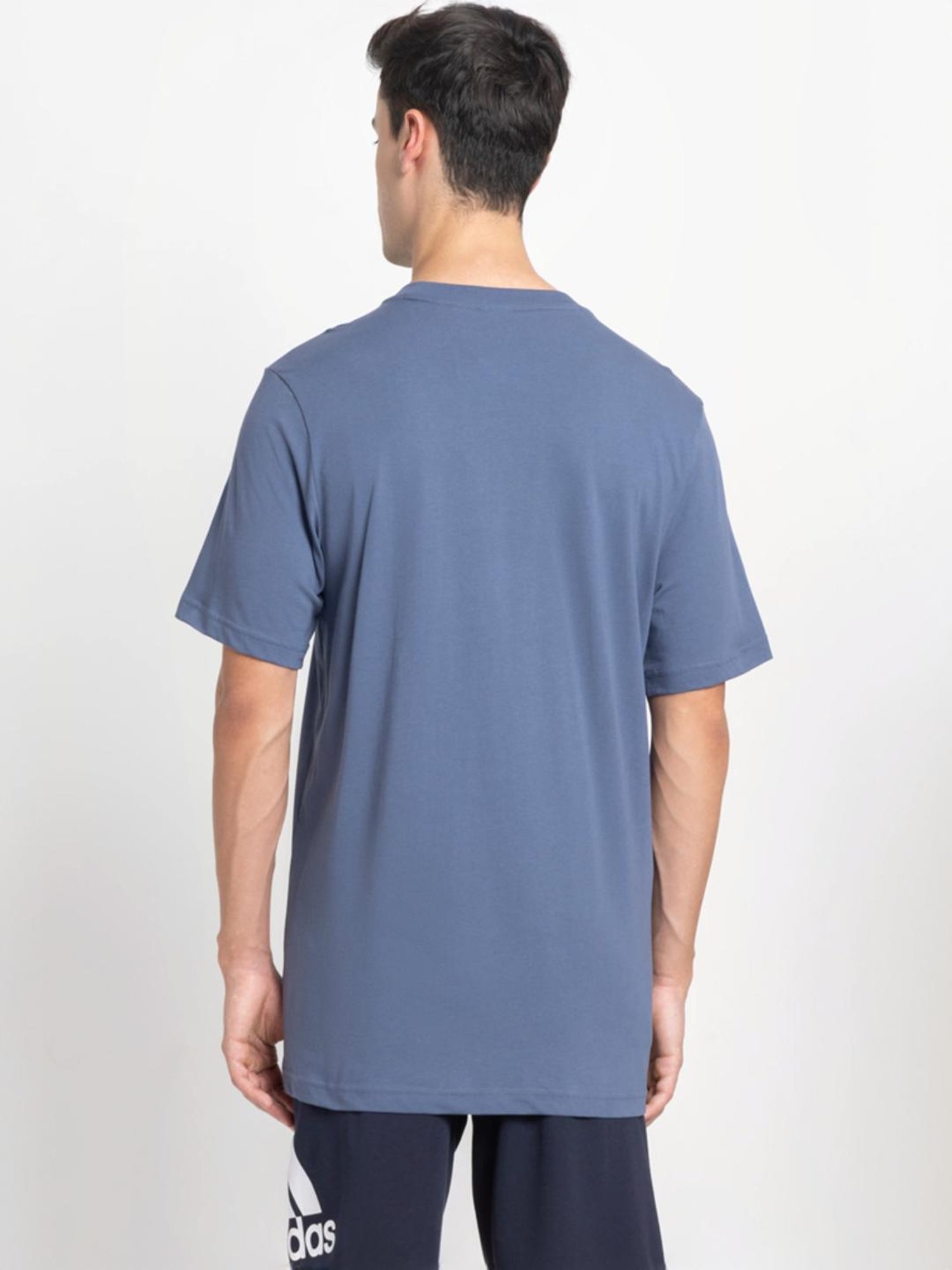 Adidas Blue Cotton Regular Fit Logo Printed Sports T-Shirt