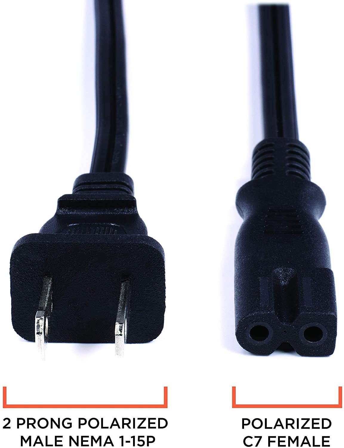 2 Prong Power Cord with Premium Quality Copper Wire Core - Polarized (Square/Round) for Satellite, CATV, Motorola & PS } NEMA 1-15P to C7 / IEC320 - UL Listed - Black, 15ft Power Cable