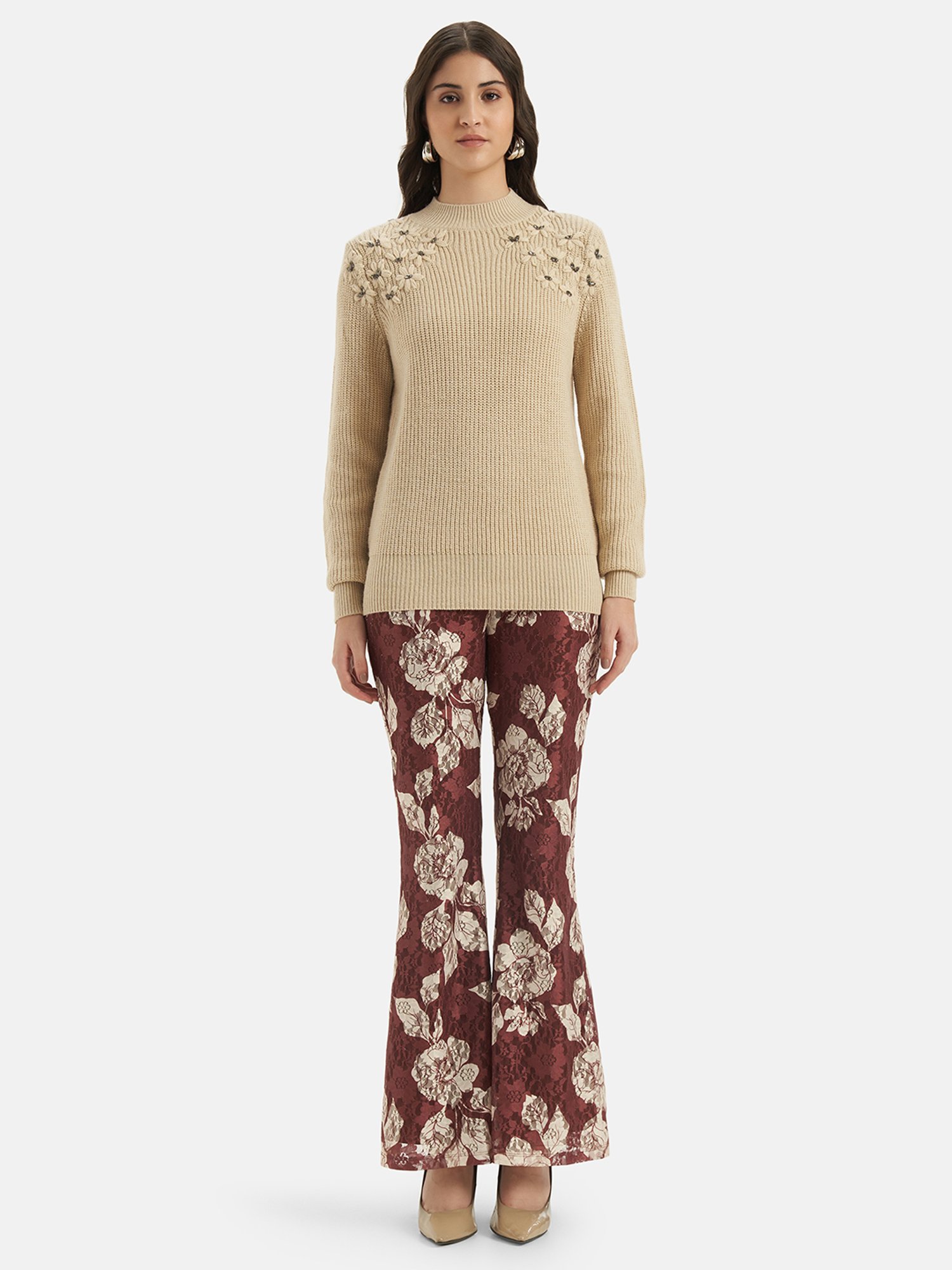Kazo Beige Floral Embellished Pullover