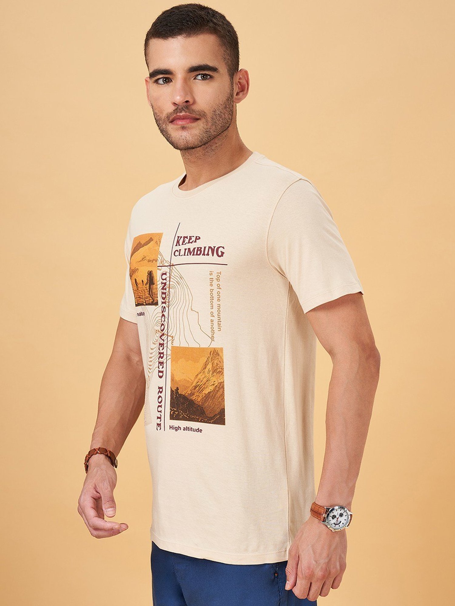 Urban Ranger by Pantaloons Beige Cotton Slim Fit Printed T-Shirt