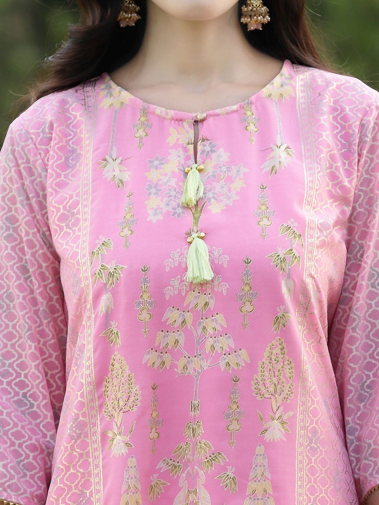 Juniper Pink Ethnic Motif Printed Georgette Kurta Pants & Dupatta Set With Tassels & Lace