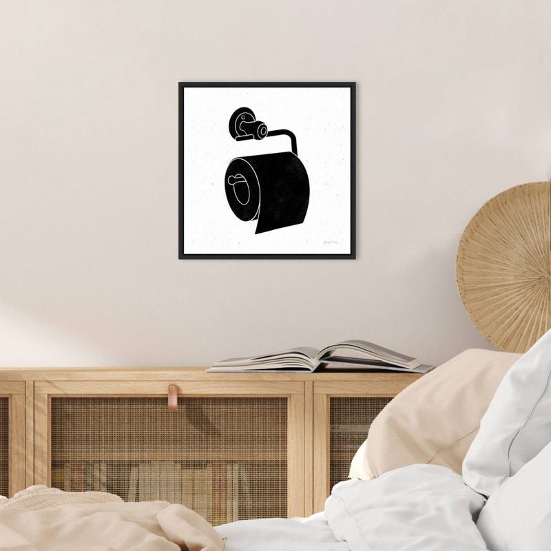 16" x 16" Bathroom Puns V No Words by Becky Thorns Framed Canvas Wall Art Black - Amanti Art