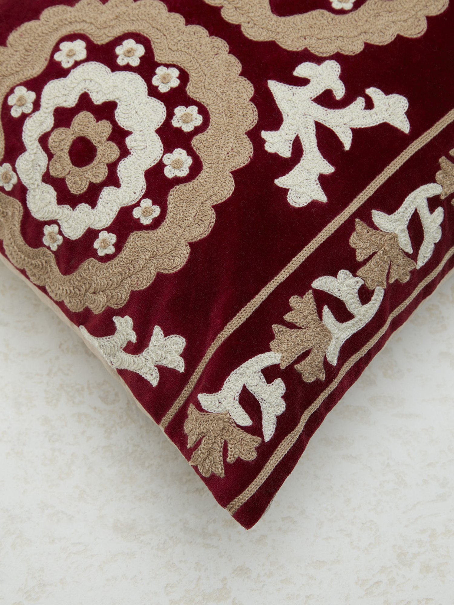 Westside Home Dark Red Sujani Floral Embroidered Cushion Cover