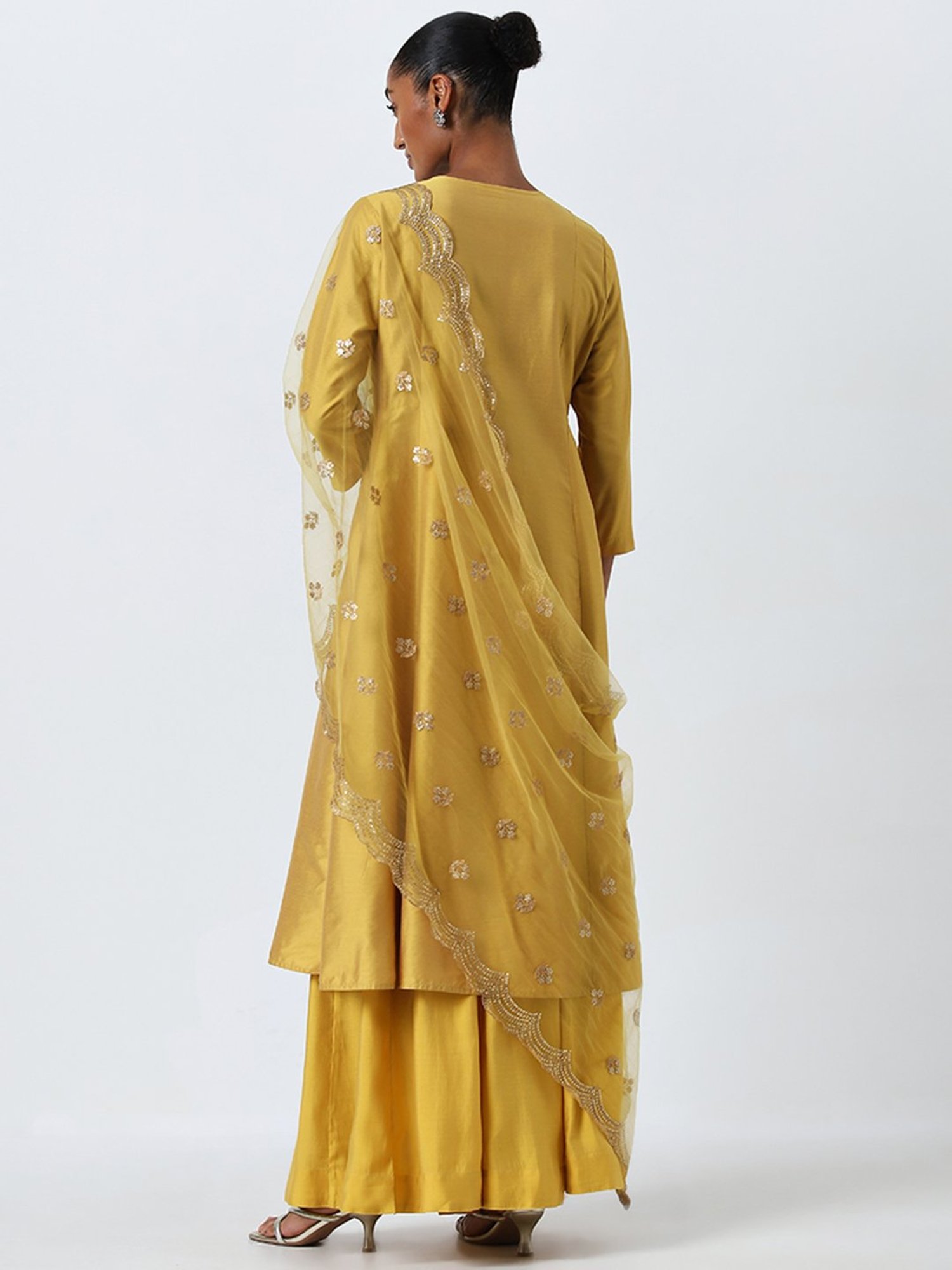 Vark by Westside Yellow Solid A-Line Kurta, Palazzos and Dupatta Set