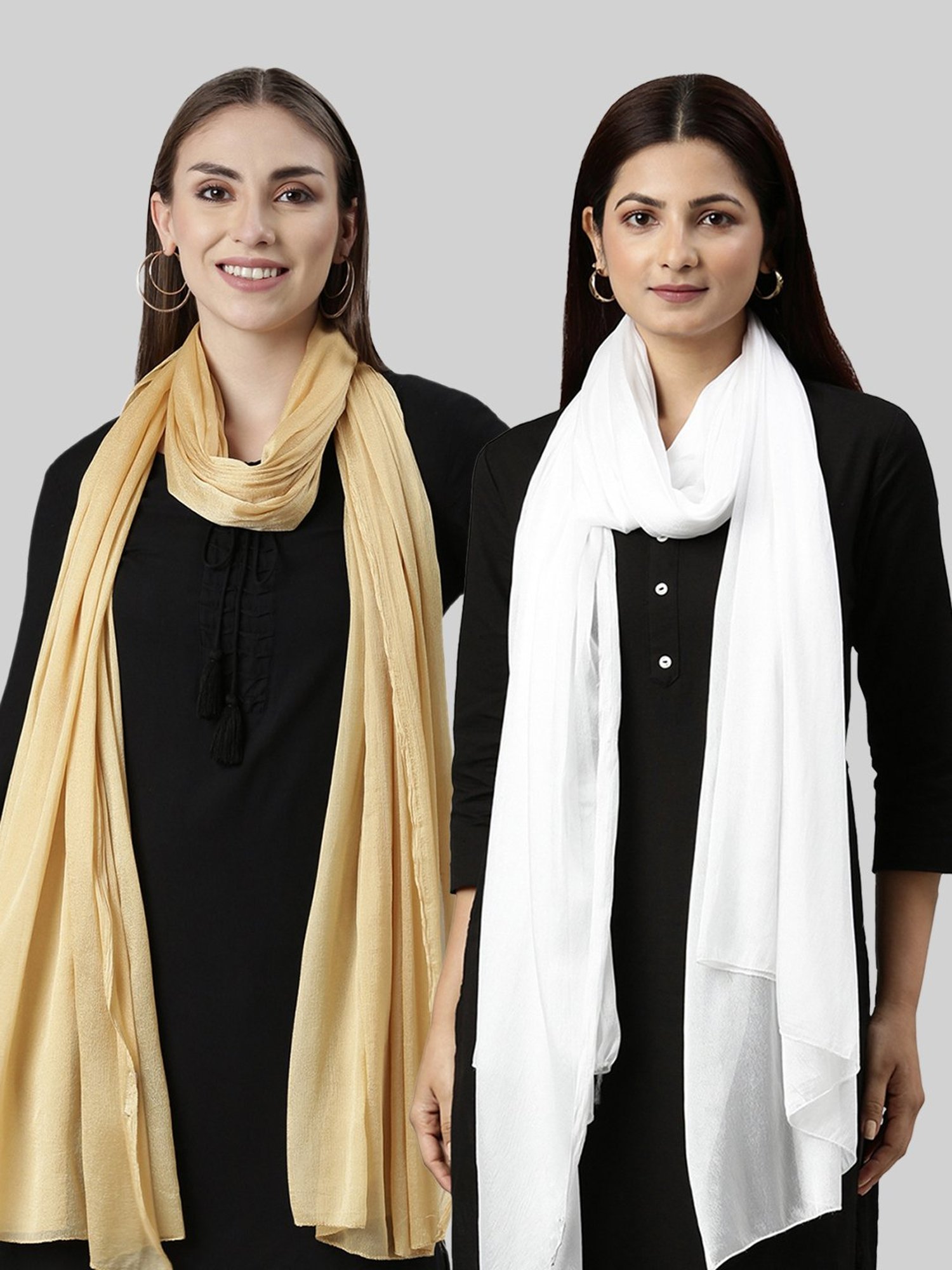 TWIN BIRDS Golden & White Plain Dupatta - Pack Of 2