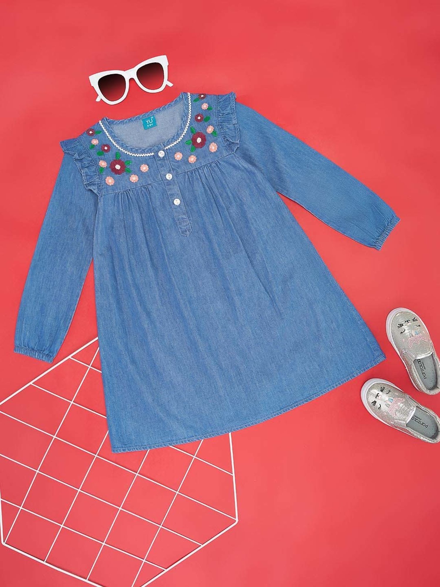 YU by Pantaloons Kids Blue Cotton Embroidered Dress