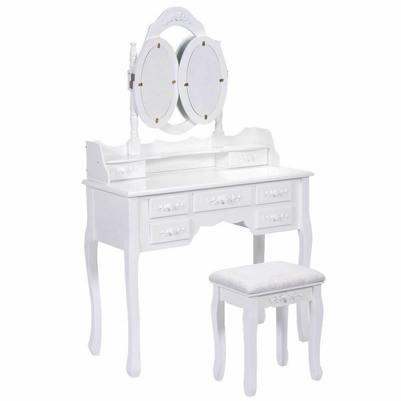 Costway White Tri Folding Oval Wood Vanity Makeup Table Set 7 Drawers