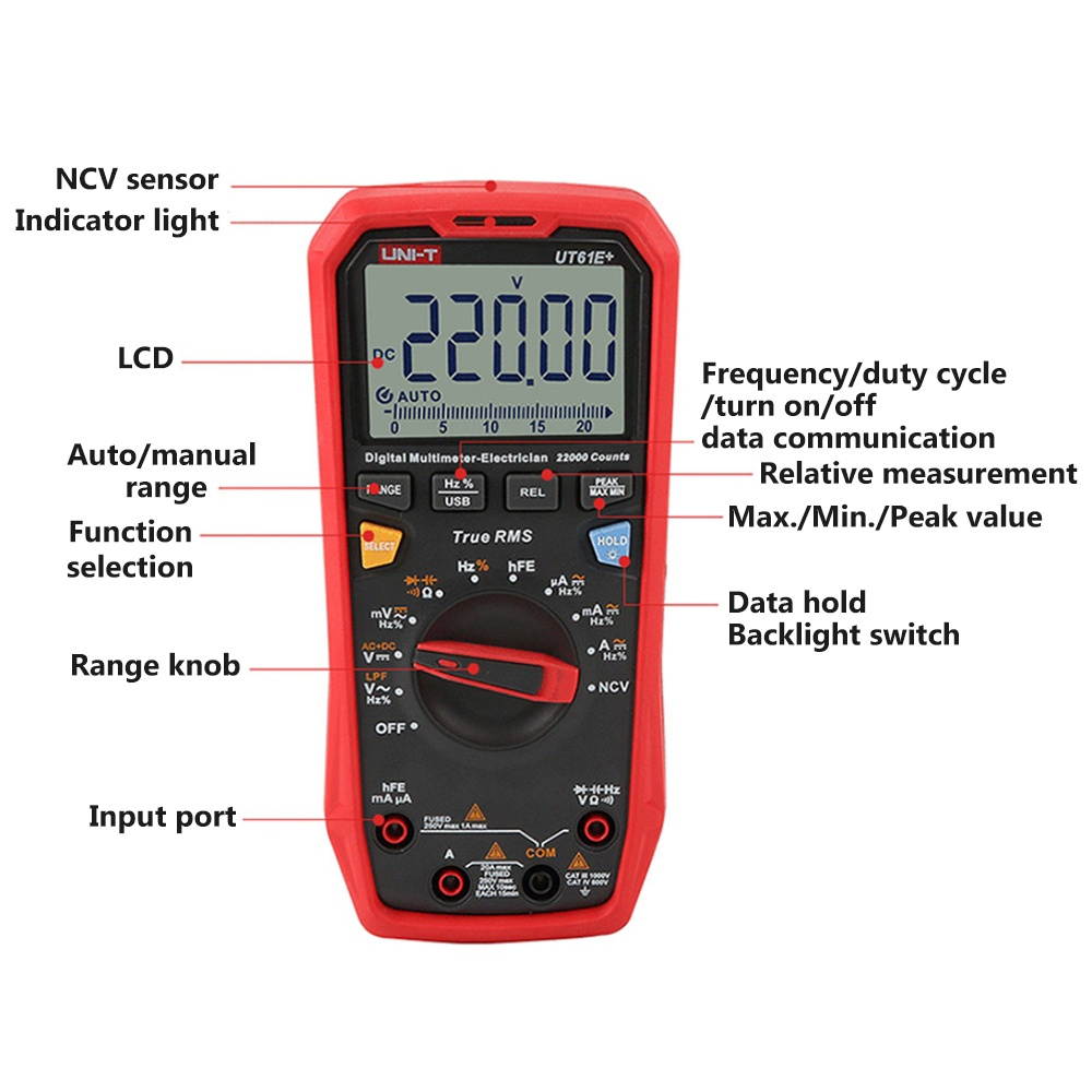 UNI-T UT61D+ Digital Multimeter Auto Range High Precision Professional NCV Tester True RMS Multimeter Multifunctional Tester Electric Measuring Instrument Support Data Transmission Temperature