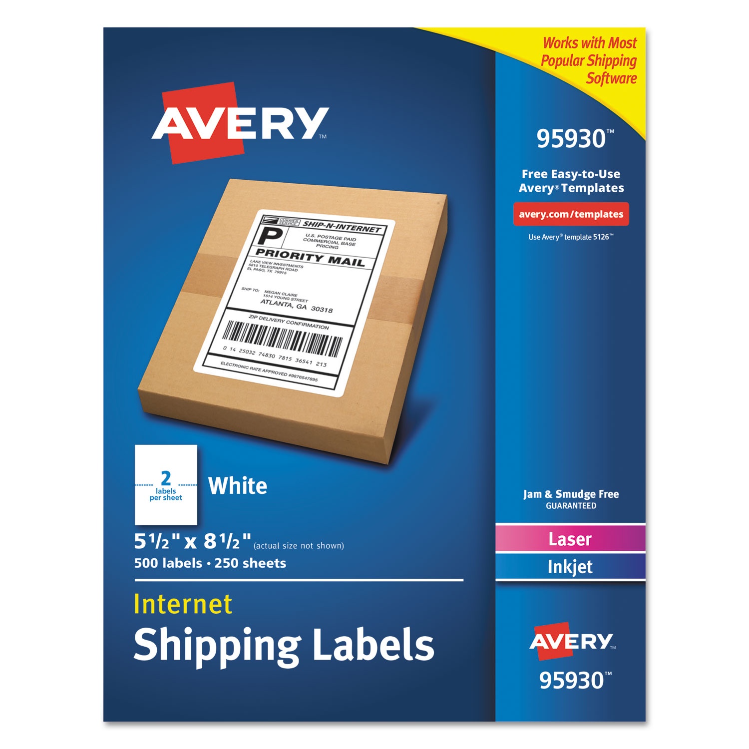 Avery Dennison - 7278295930 - White Shipping Labels, Inkjet/Laser, 5 1/2 x 8 1/2, White, 500/Box