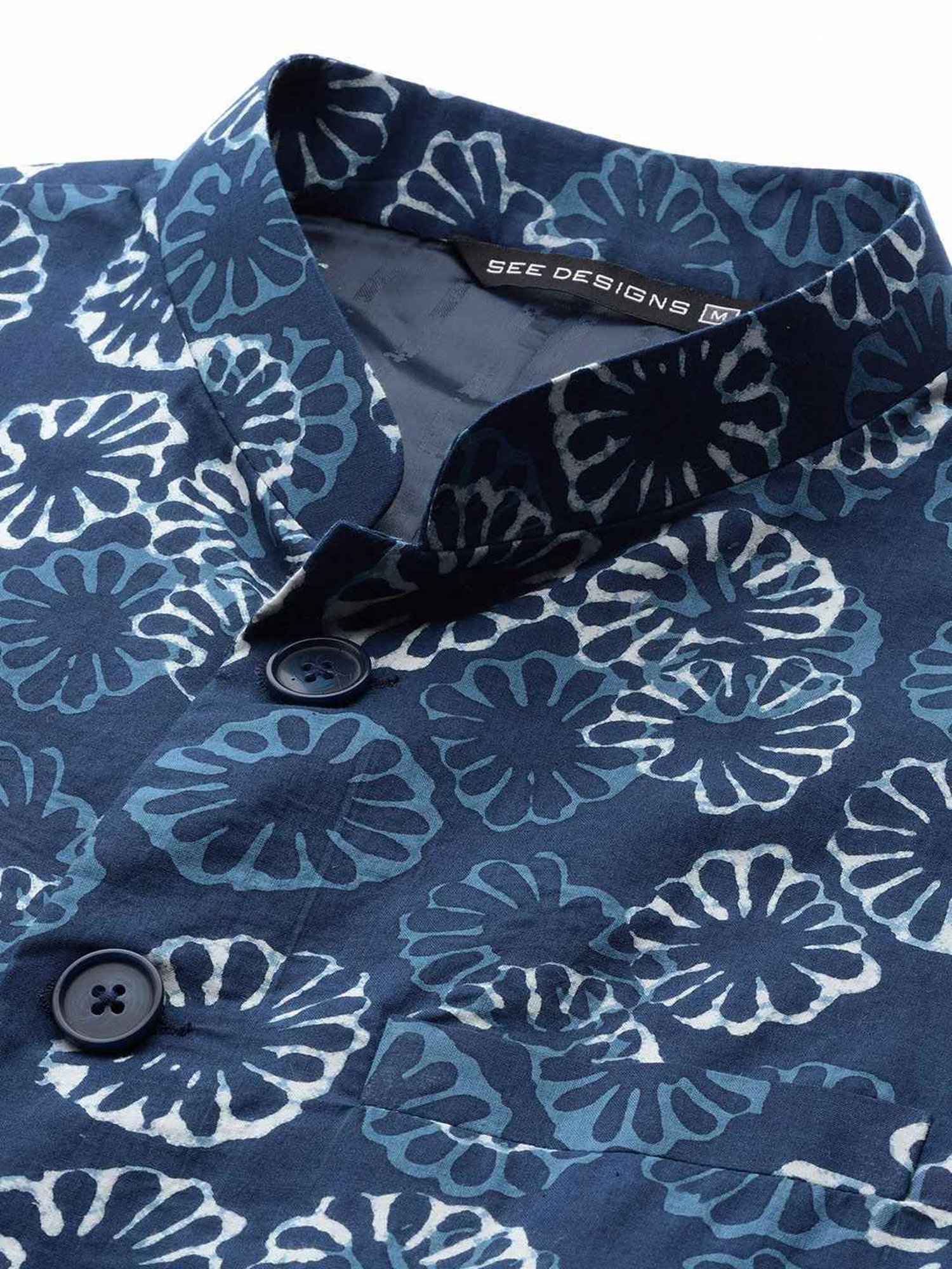 See Designs Blue Cotton Regular Fit Printed Nehru Jacket