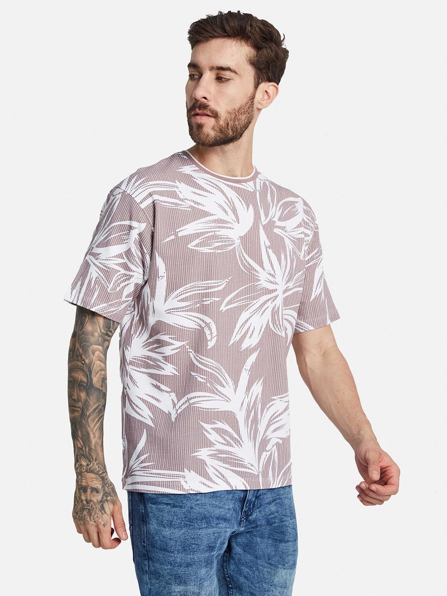Octave Purple Cotton Regular Fit Floral Print T-Shirt