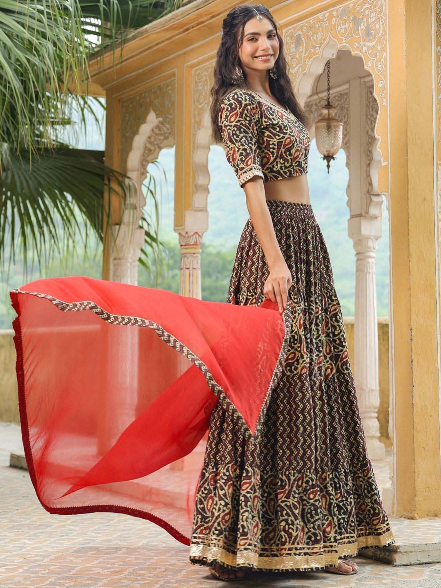 Janasya Black Cotton Printed Lehenga Choli Set With Dupatta
