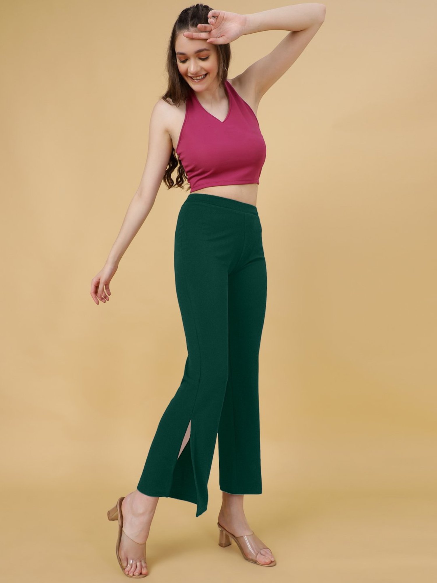 FITHUB Green Regular Fit High Rise Trousers