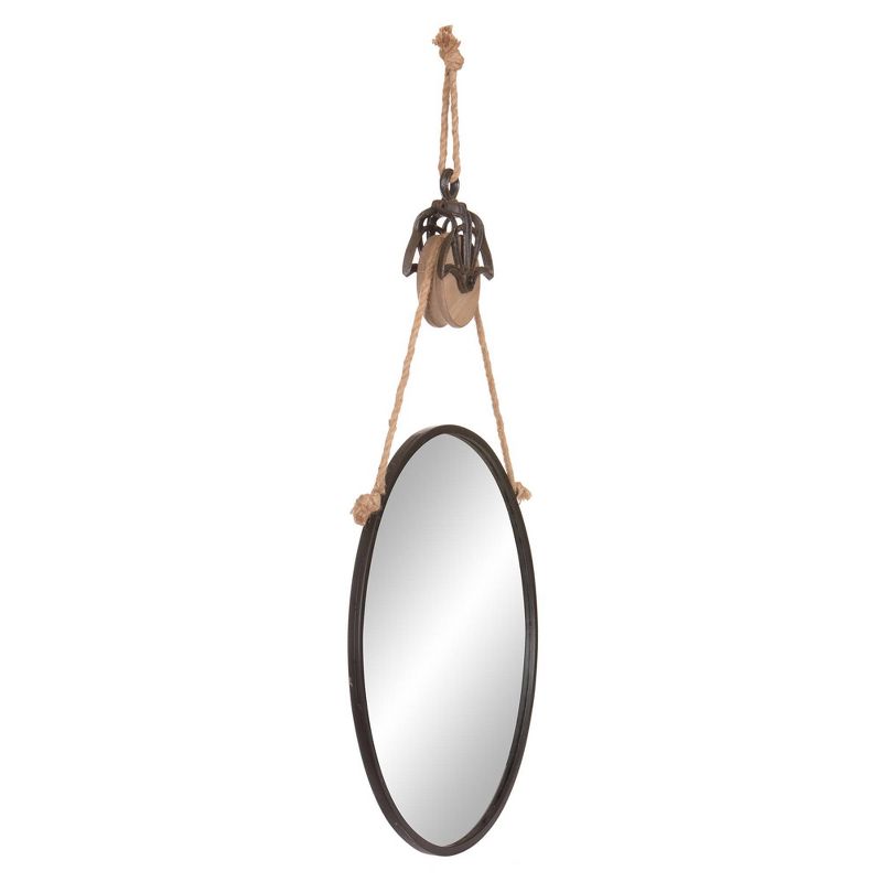 24" Round Metal Wall Mirror with Hanging Rope and Antique Pully Wood/Matte Black - Patton Wall Decor