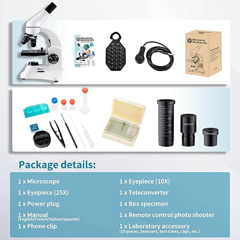 Optical Microscope Metal Body 2 WF Oculars Duallluminators System US Plug Full Accessories for Kids Students Begginers