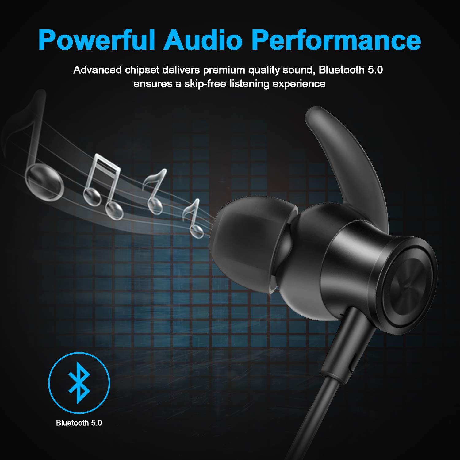 Bluetooth Headphones, Lightweight Wireless Earbuds with Magnetic Connection, IPX5 Water Resistant Bluetooth 5.0 Sports Earphones for Running, Built-in Mic, 8 Hrs Work Time Built-in magnets