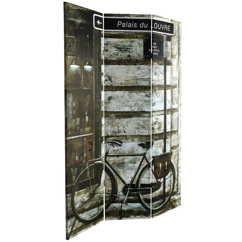 6" Double Sided Parisian Bicycles Canvas Room Divider Gray - Oriental Furniture