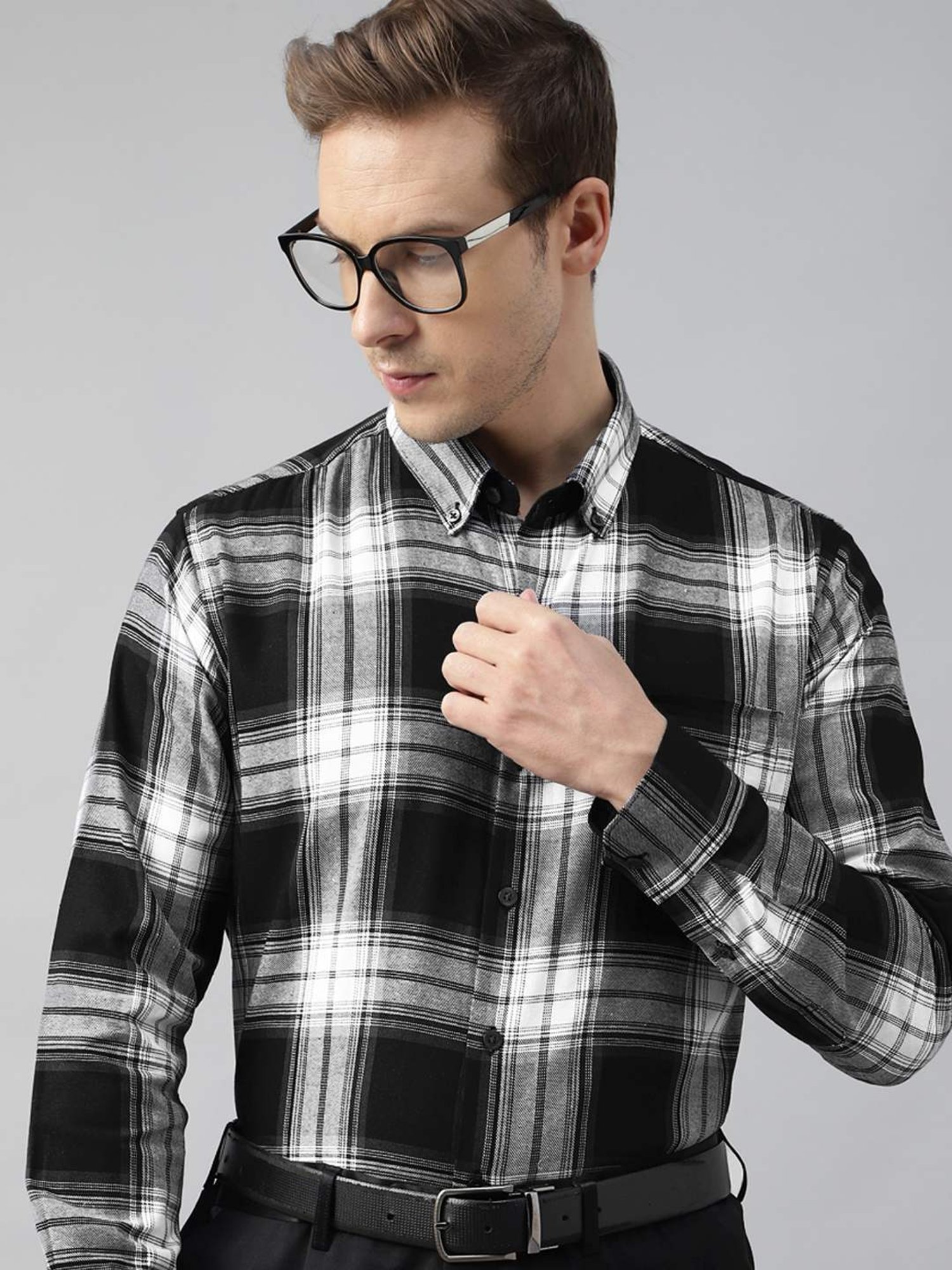 Hancock Black & White Cotton Slim Fit Checks Shirt