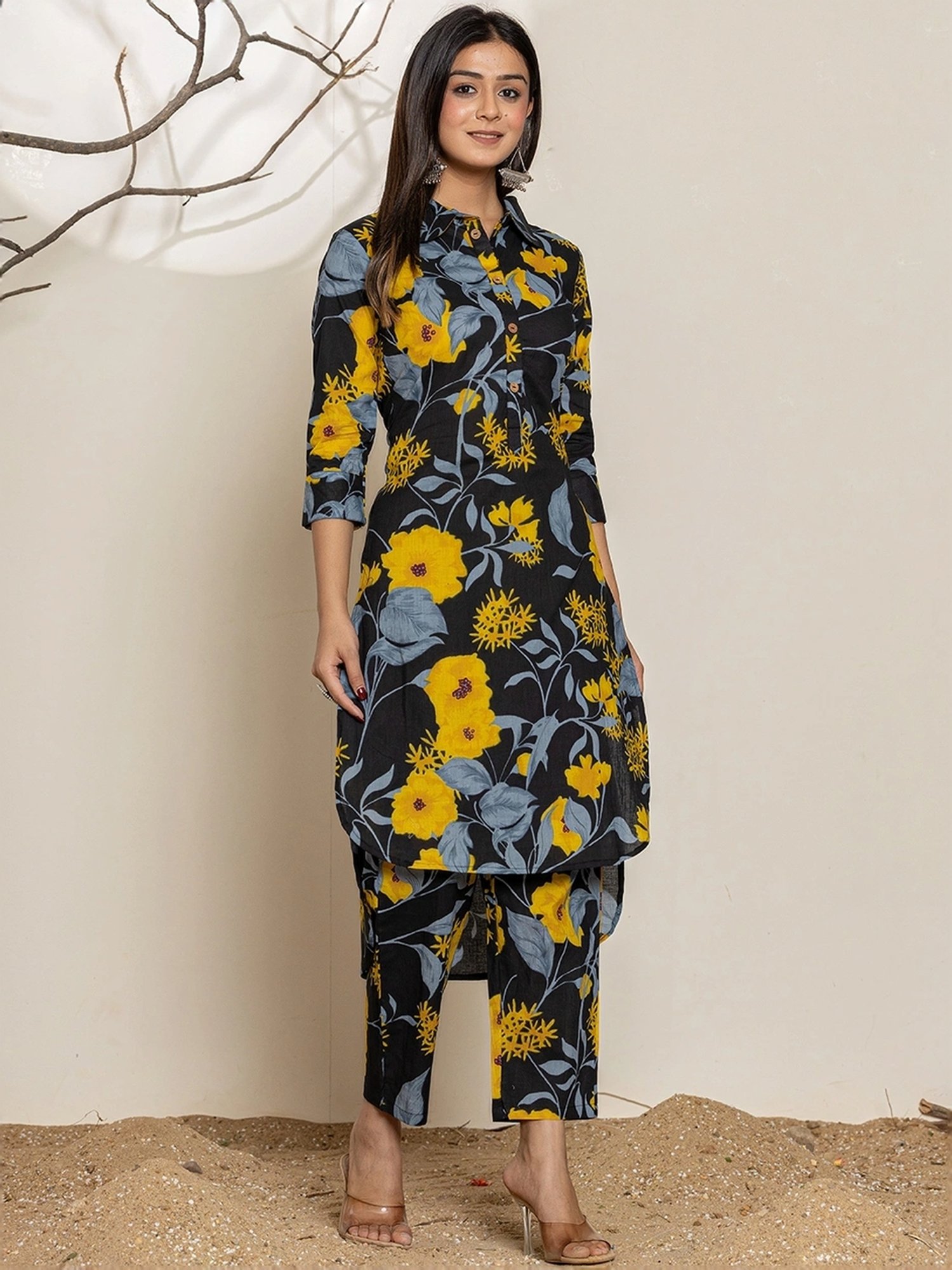 Yufta Black Cotton Printed Tunic Pants Sets