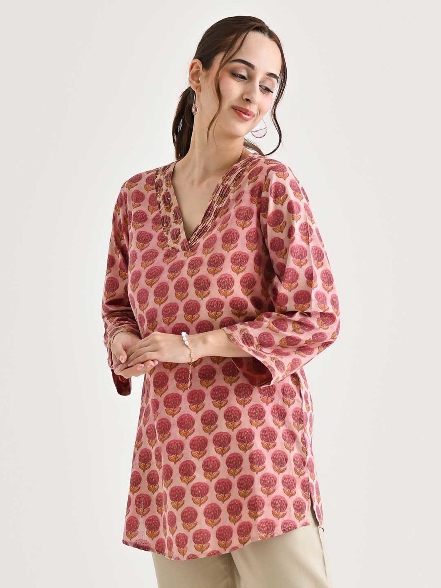 Rustorange Pink Cotton Floral Print A Line Short Kurti