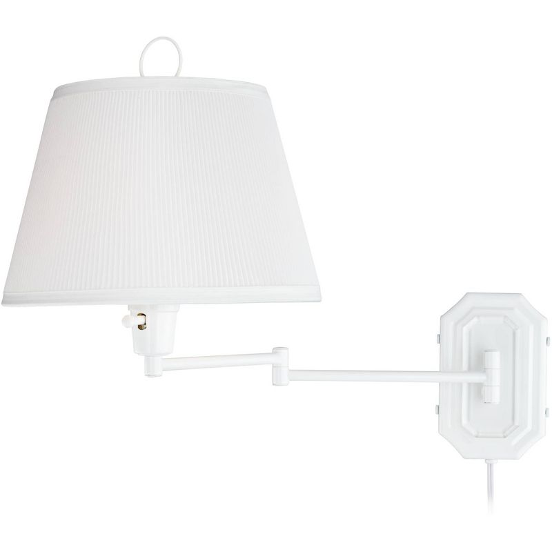 Barnes and Ivy Swing Arm Wall Lamp White Plug-In Light Fixture Pleated Tapered Drum Shade for Bedroom Bedside Living Room Reading