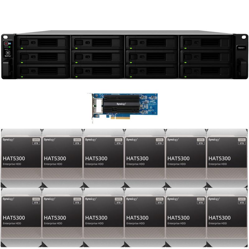 Synology RS2421+ RackStation with 4GB RAM, E10G18-T2 2-Port 10GbE RJ45 and 144TB (12 x 12TB) of HAT5300 Synology Enterprise Drives Fully Assembled and Tested By CustomTechSales