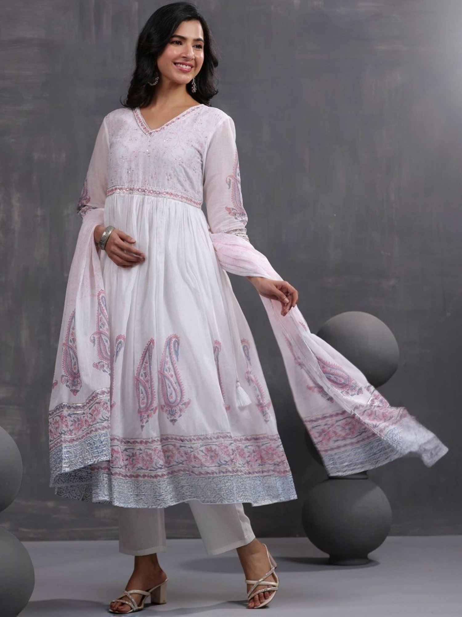 Scakhi White Hand-Block Printed Anarkali with Pant and Dupatta