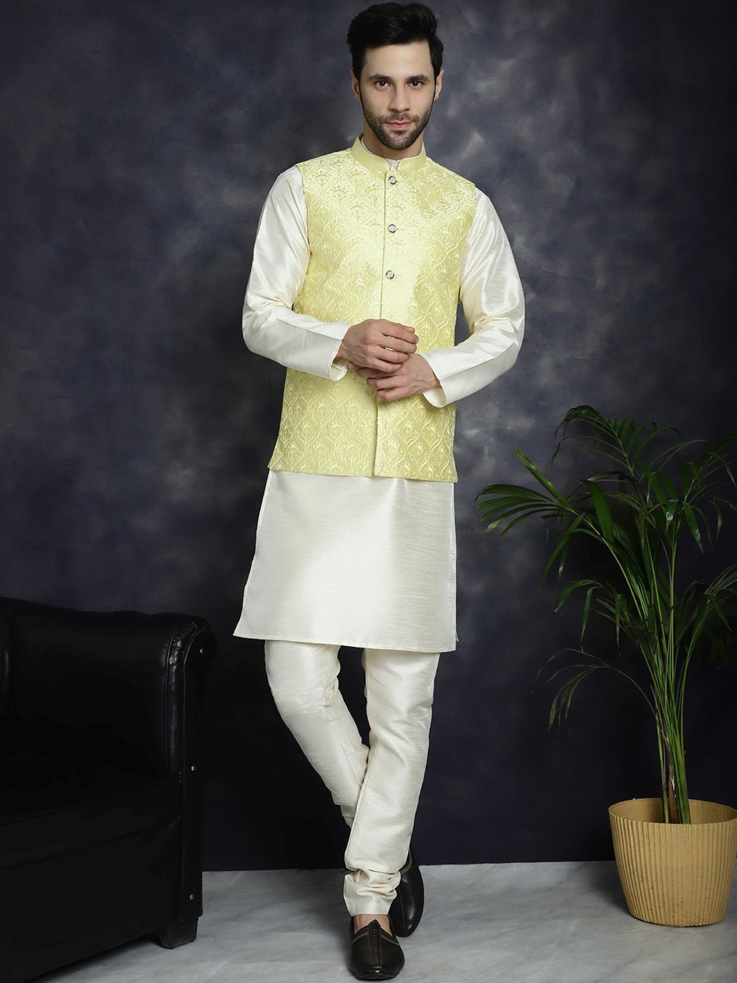 Jompers Yellow Regular Fit Embellished Nehru Jacket