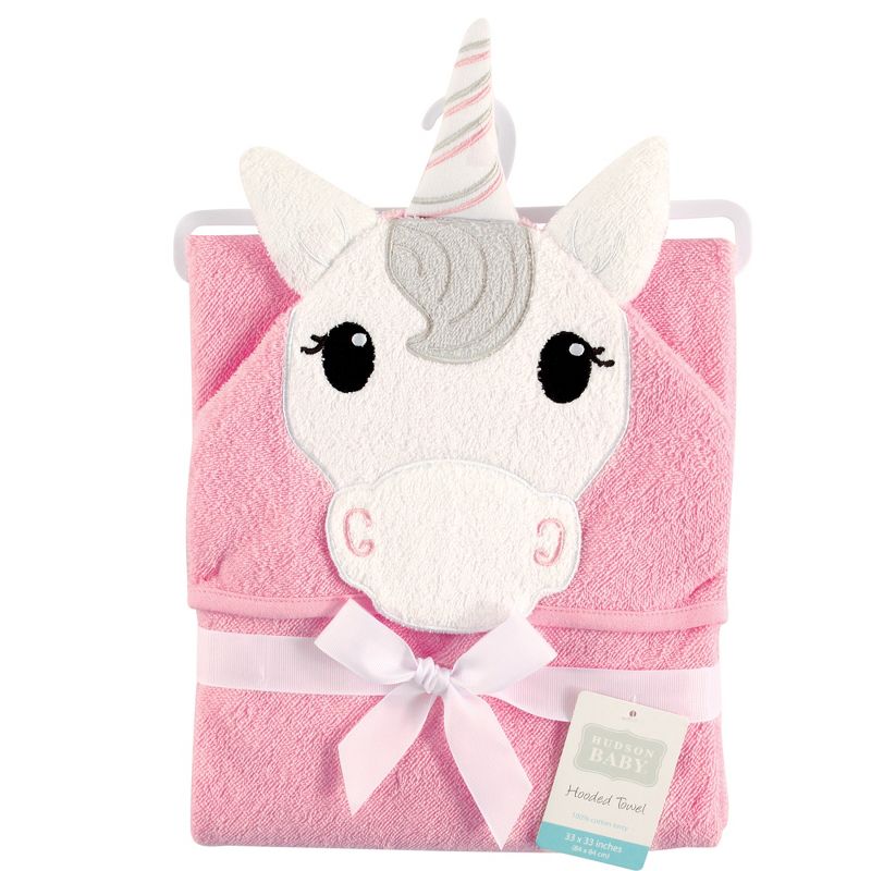 Hudson Baby Infant Girl Cotton Animal Face Hooded Towel, Unicorn, One Size