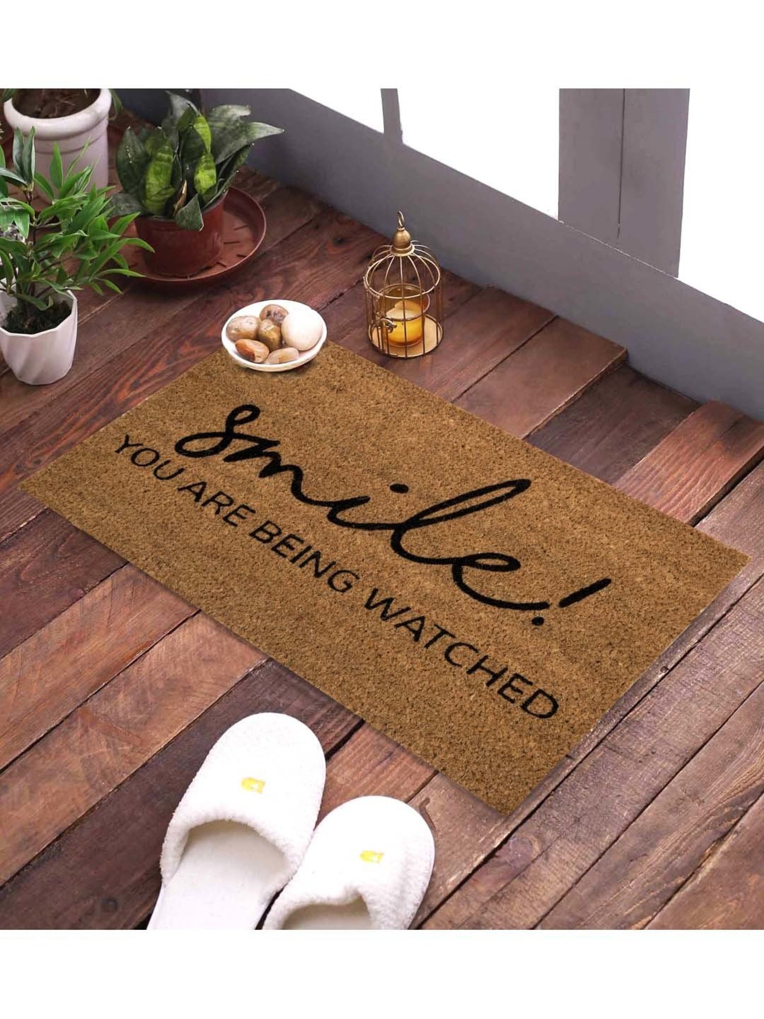 SWHF Smile ! you are being watched Brown & Black Pvc Medium Door Mat